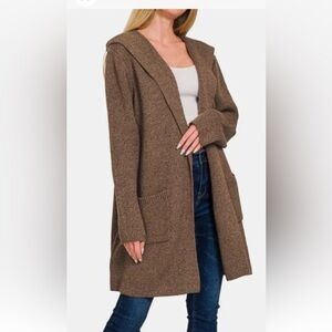 Zenana Brown Hooded Open Front Sweater Cardigan w/ Pockets - Size Small